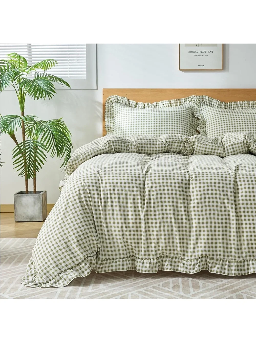 NEW Gingham Duvet Cover Queen Size, 3 PCS Soft Breathable Microfiber W/Ruffle